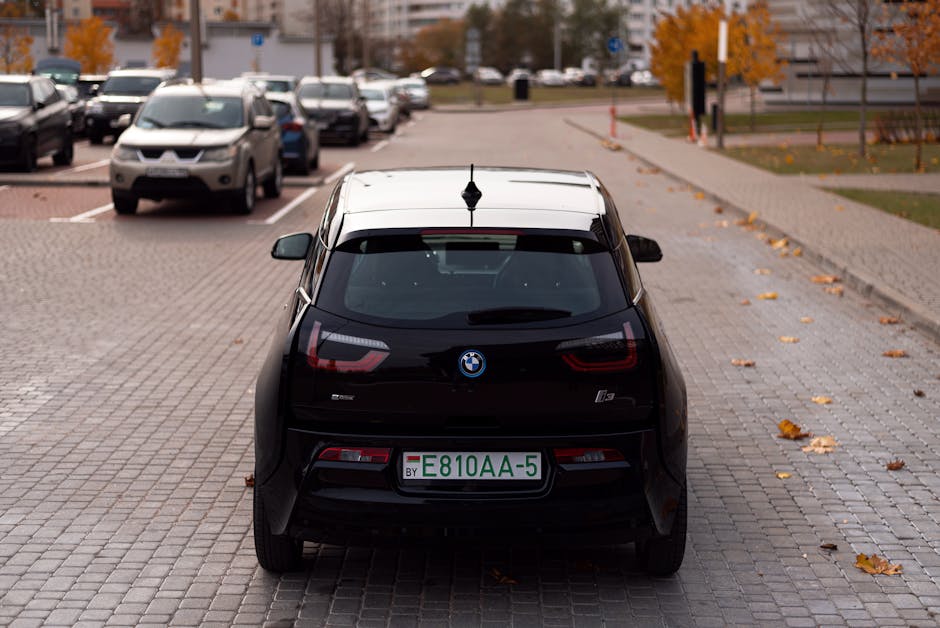 Rear view of a black BMW i3 parked on an urban street in autumn.